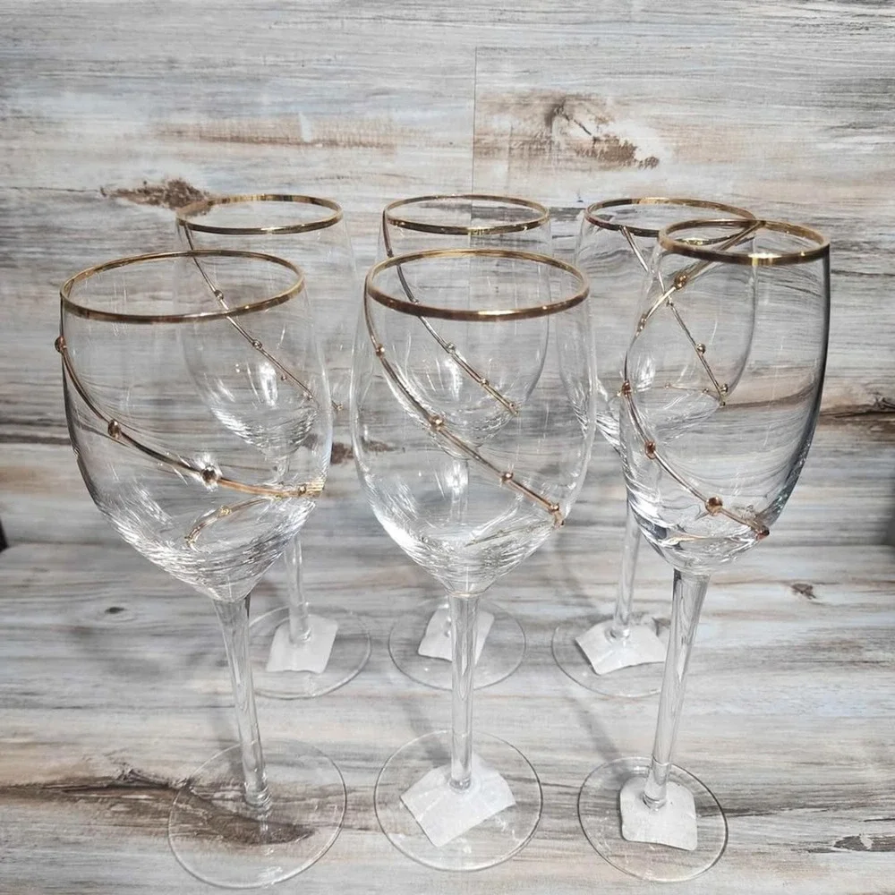 Pier 1 Gold Dot‎ Swirl Wine Goblets and Serving Bowl Set 7pc Mouth Blown Glass